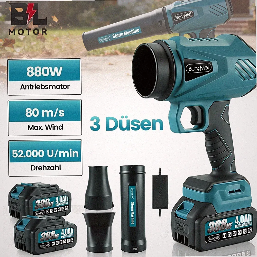 21V Akku Laubbläser Bürstenloser Laubgebläse Turbo Gebläse Mit 2 Akkus 4000mAh