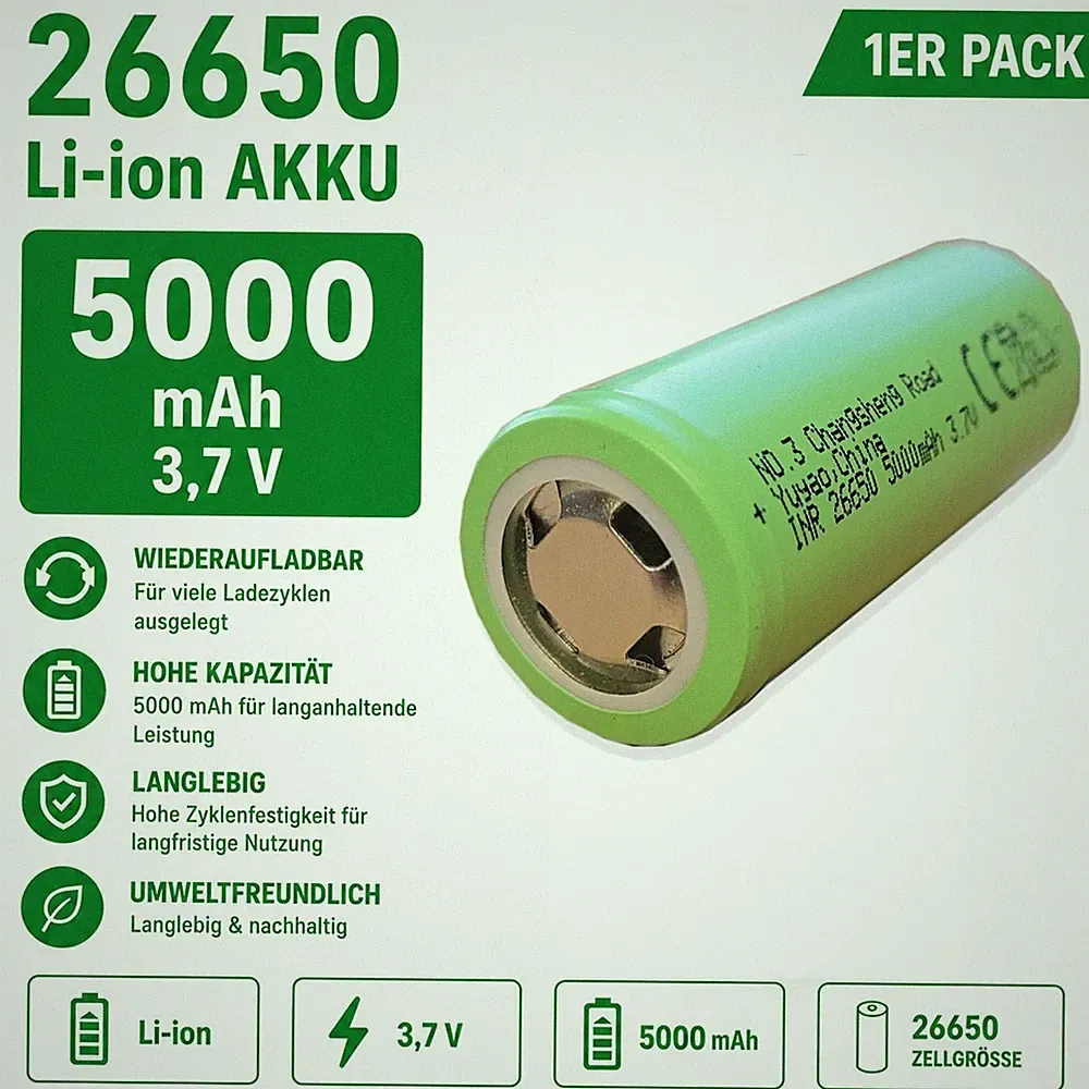 26650 Li-Ion Akku 3,7V 5000mAh Hochleistungsakku wiederaufladbar
