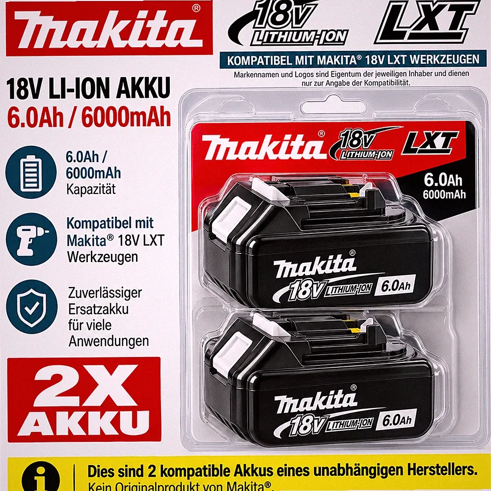 2x Akku 18V 6Ah für Makita LXT BL1860B Li-Ion Ersatzakku kompatibel BL1850B