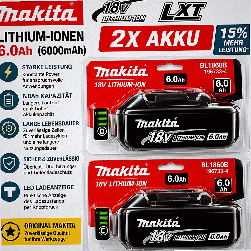 2x Original Makita BL1860B Akku 18V 6Ah Li-Ion LXT Ersatzakku Kompatibel BL1850B