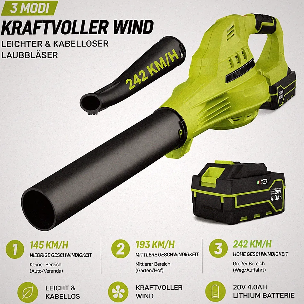 3 Gänge Akku Laubbläser Gebläse Laubgebläse Bläser Mit 2x Akku Für 18V Makita