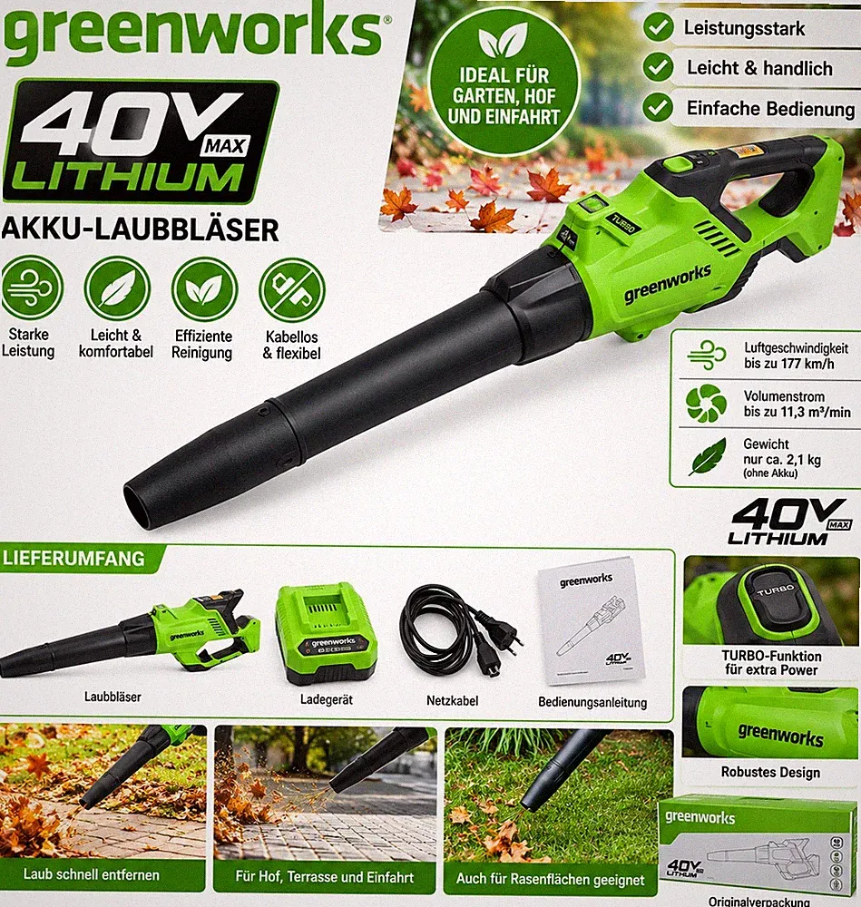 40V Akku Laubbläser Greenworks G40ABK2 mit Ladegerät