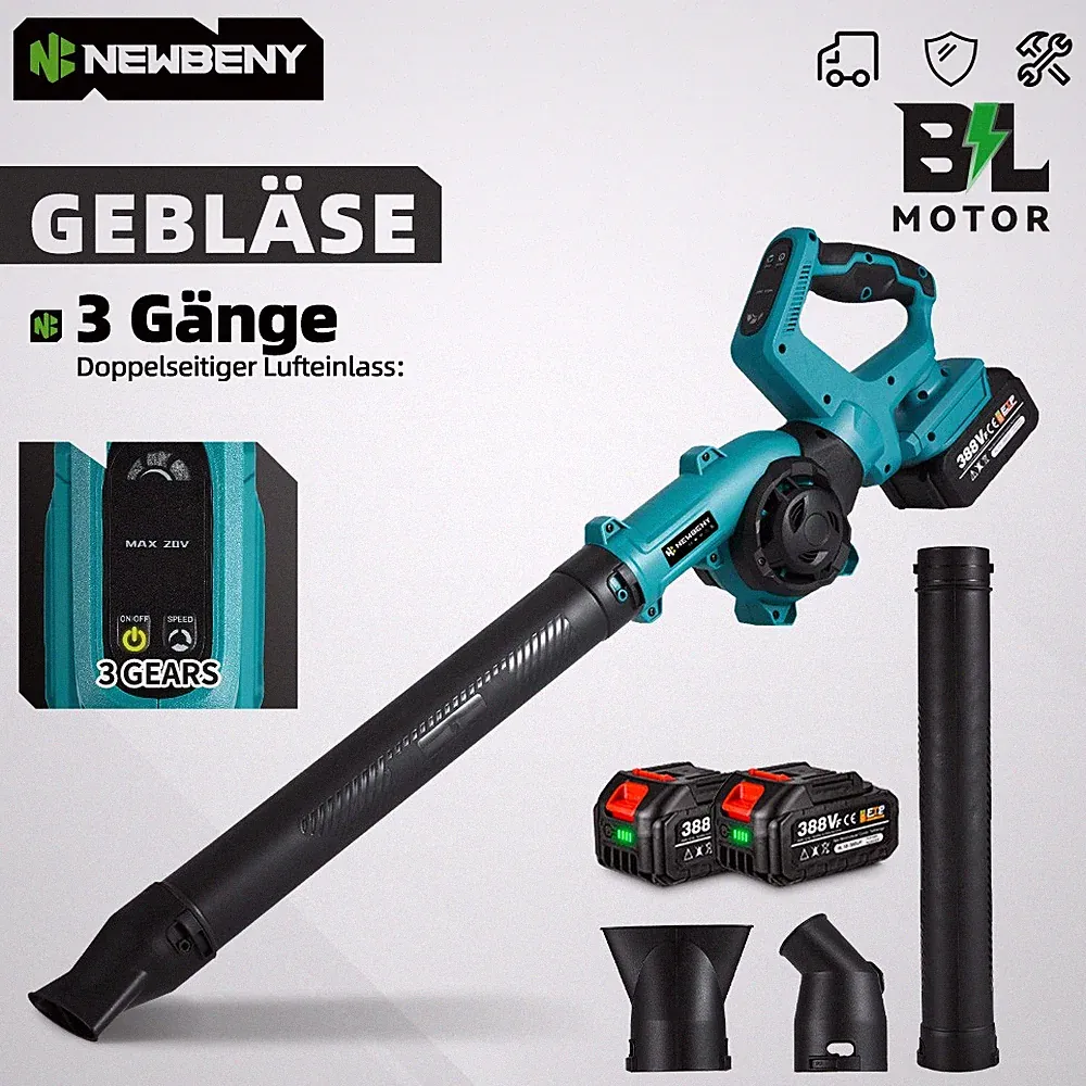 6 Gänge Akku Gebläse Laubbläser Laubgebläse Blasgerät Mit 2 Akkus und Ladegerät