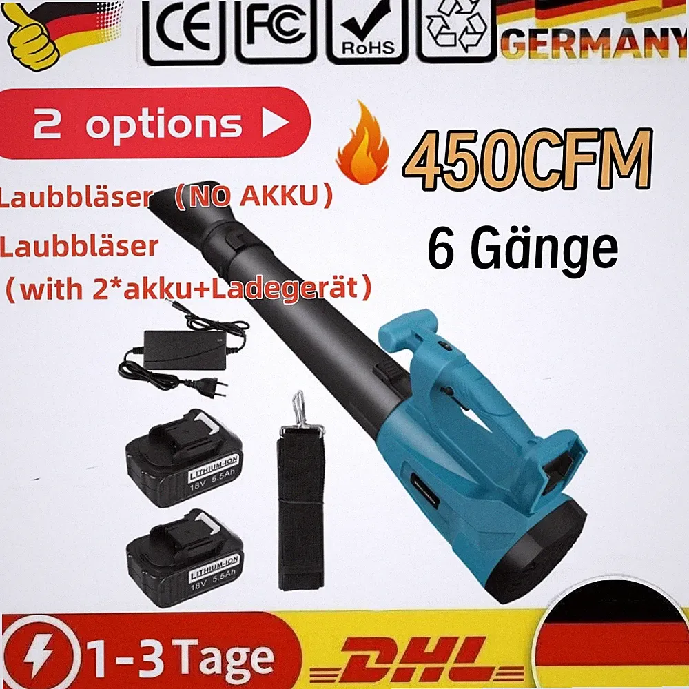 6 Gänge Für 18V Makita Akku Laubbläser Gebläse Bläser Mit 2 Akkus + Ladegerät