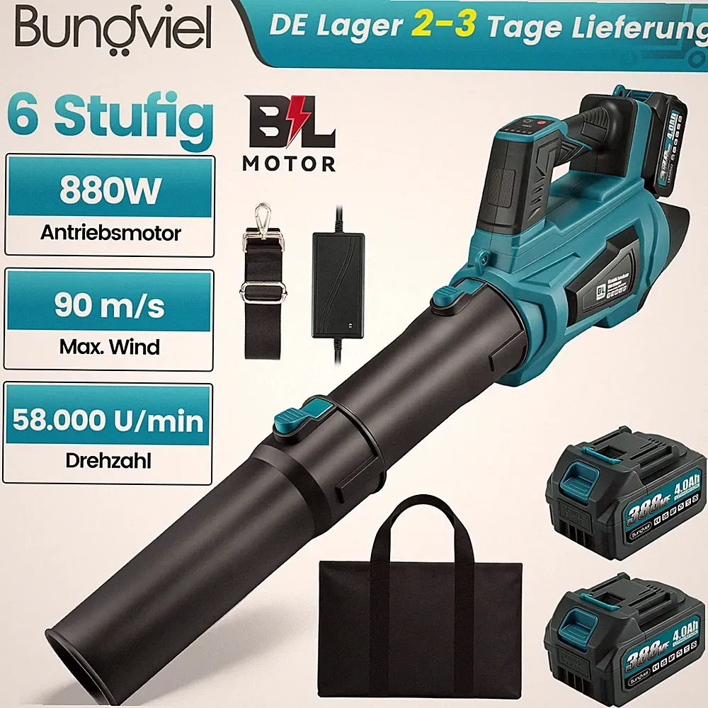 6 Gänge Laubbläser Für Makita Akku Mit 2x 4,0Ah 21V Akkus + Ladegerät Laubbläse.