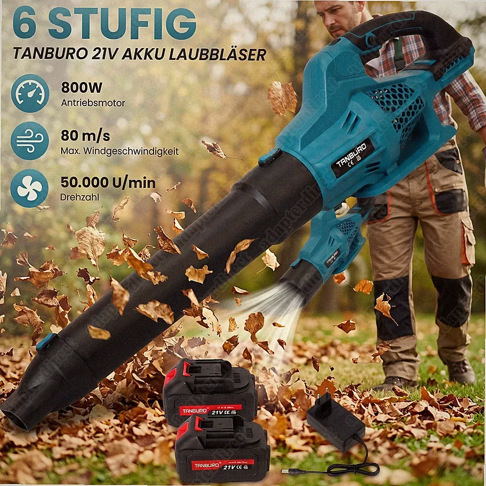 6 Gänge Laubbläser Für Makita Akku Mit 2x 4,0Ah 21V Akkus + Ladegerät Laubbläse.