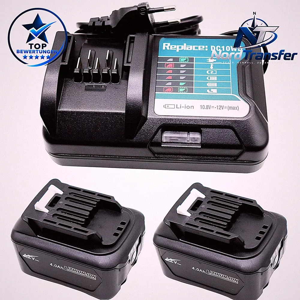 Akku 12V 4,0 Ah BL1041B mit Ladegerät DC10WD für Makita BL1040B 2 Stück
