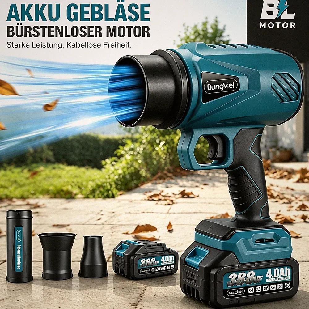 Akku Gebläse Bürstenlos Akku Laubbläser Blower Turbo Gebläse mit 2x4000mAh Akkus