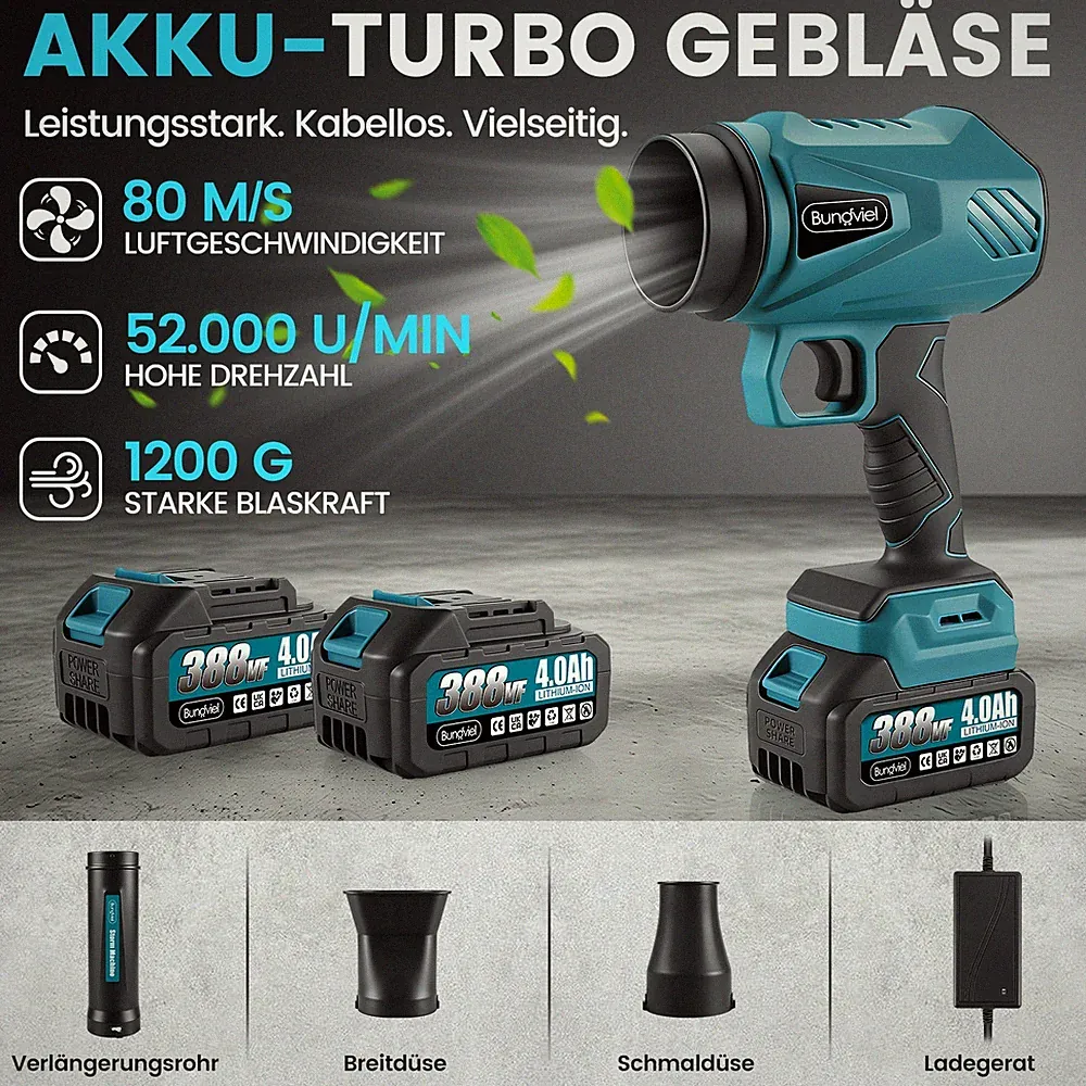 Akku Gebläse Bürstenlos Laubbläser Akku Handgebläse Turbo Gebläse mit 2x Akkus