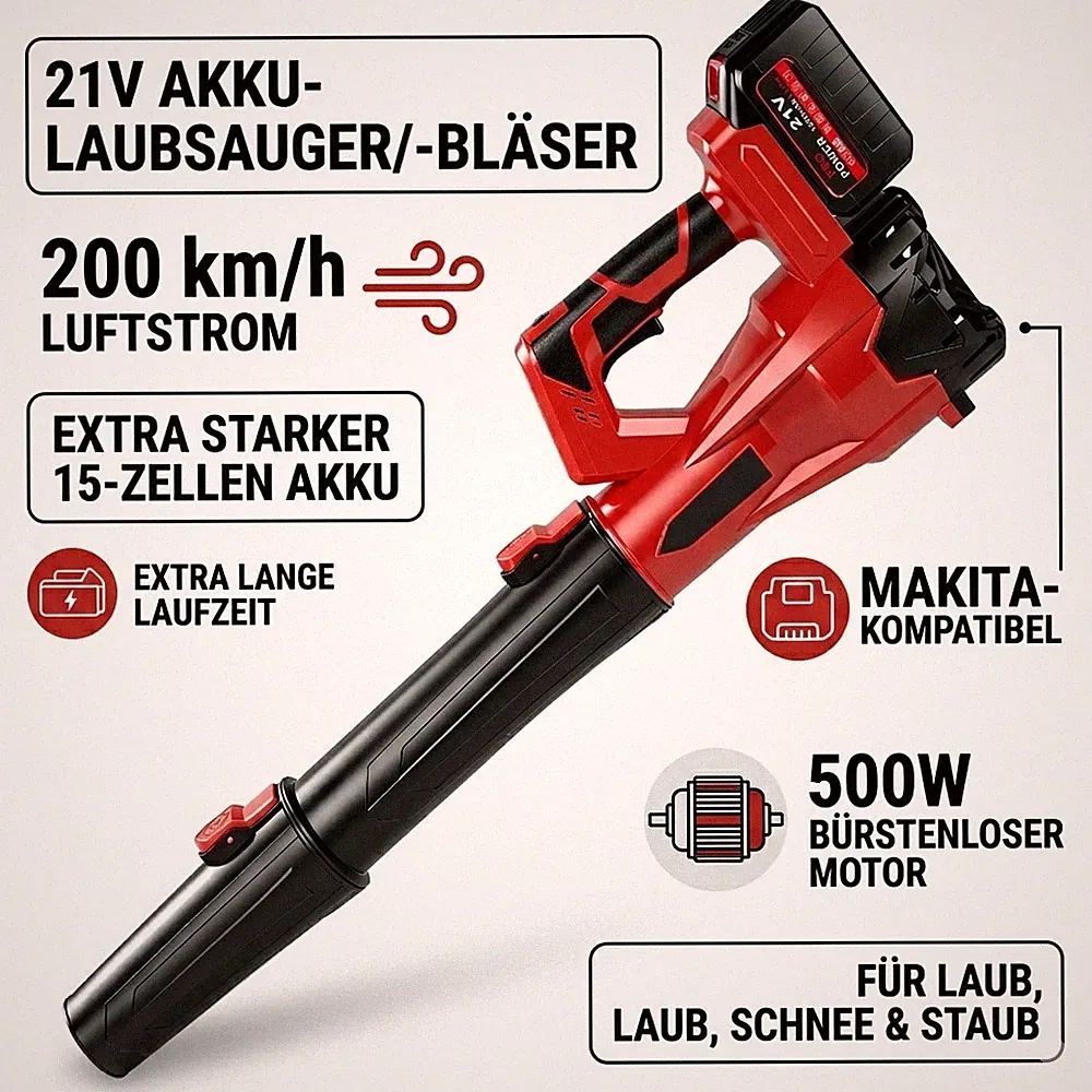 Akku Laubbläser 21V Set Laubpuster Elektrisch Gartengebläse für Makita 200kmh