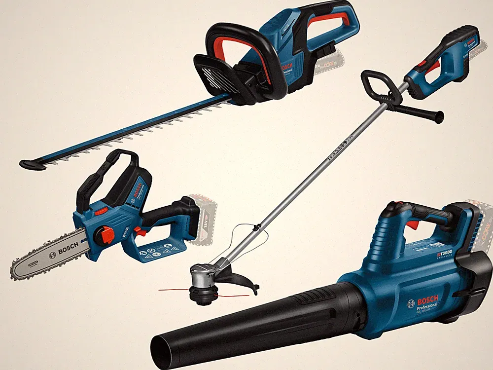 Bosch Garten Akku-Set 18V, Laubbläser, Rasentrimmer, Kettensäge, Heckenschere
