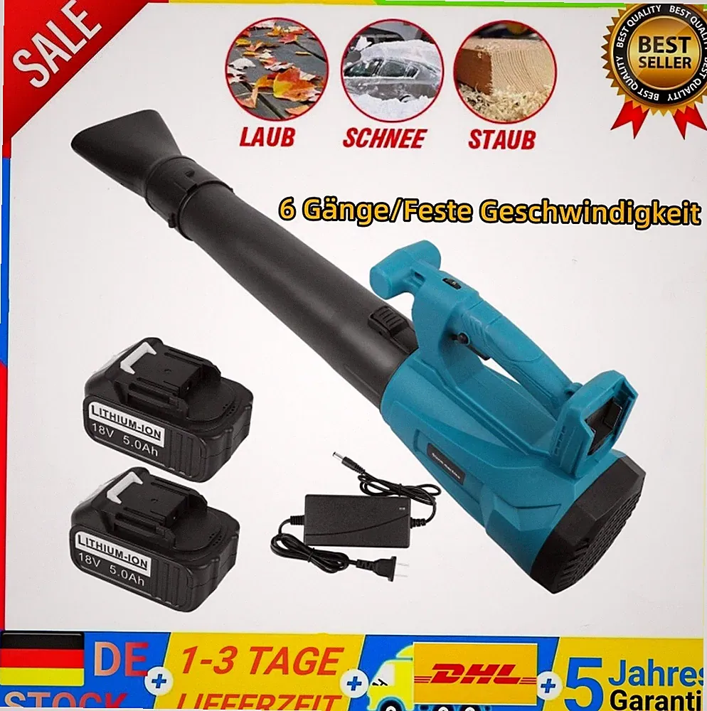 Für 18V Makita Akku Laubbläser 6 Gänge Gebläse Laubgebläse Bläser Mit 2x Akku