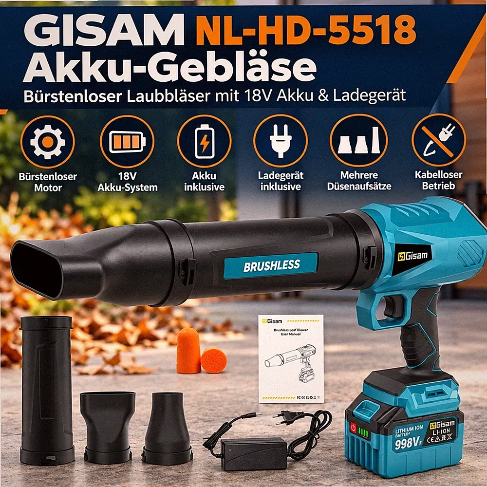 GISAM NL-HD-5518 Akku-Gebläse Bürstenloser Laubbläser mit 18V Akku & Ladegerät