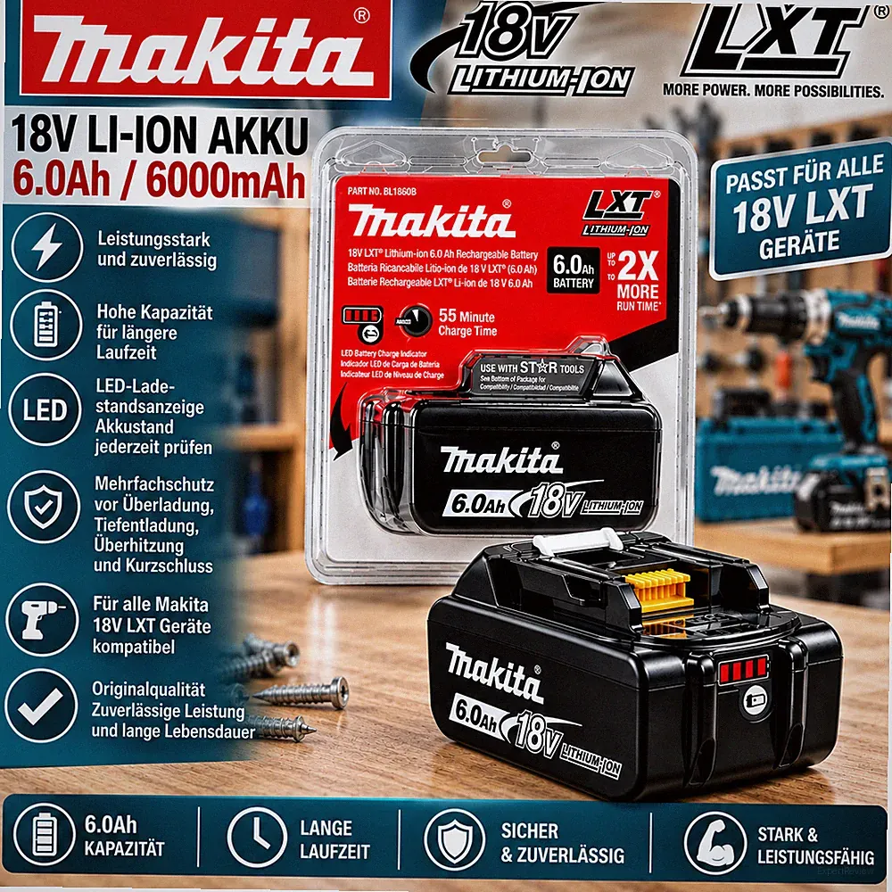 MAKITA AKKU LXT 18V 6Ah Li-Ion Ersatzakku kompatibel BL1860B NEU & OVP R11