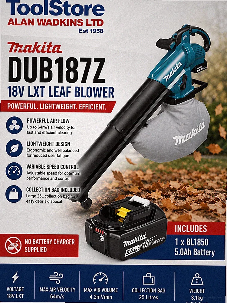 Makita DUB187Z 18V Akku-Laubbläser 1 x 5,0Ah BL1850 Akku (ohne Ladegerät)