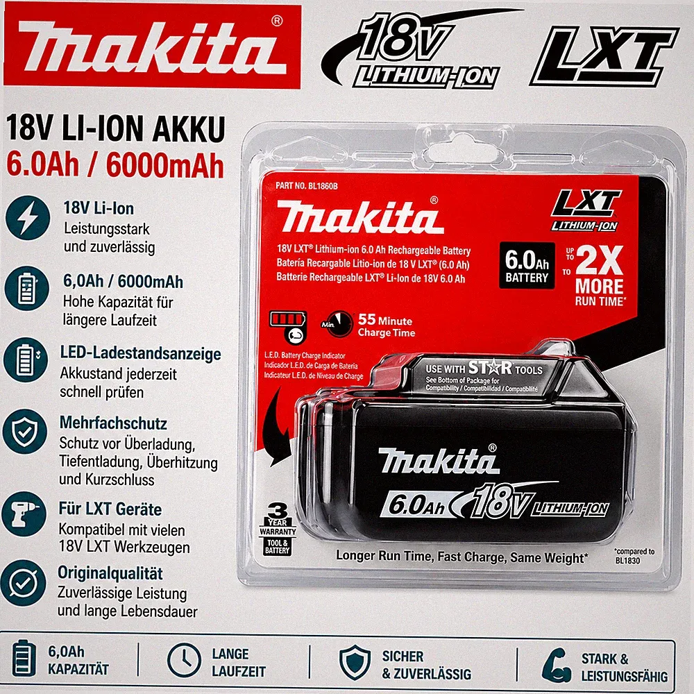 Original Akku Makita BL1860B 18V 6Ah Li-Ion LXT Ersatzakku kompatibel BL1850B